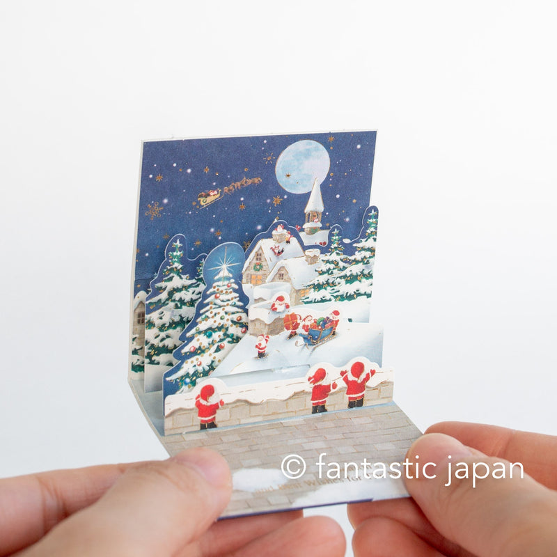 Christmas tiny pop up card -mini mini Santa Clauses in the snowing forest-