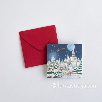 Christmas tiny pop up card -mini mini Santa Clauses in the snowing forest-