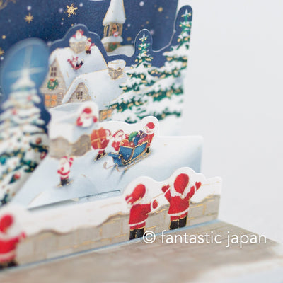 Christmas tiny pop up card -mini mini Santa Clauses in the snowing forest-