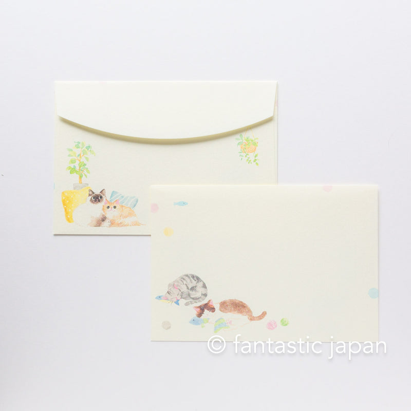 Japanese Washi Writing Letter Pad and Envelopes -Cats cafe- / traditional Iyo Washi stationery set / made in Japan