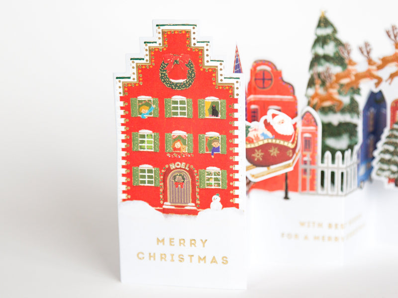 Christmas mini card "Pop-up card -Santa Claus in the town"  / Holiday card / Greeting life card / japanese stationery