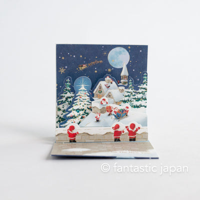 Christmas tiny pop up card -mini mini Santa Clauses in the snowing forest-