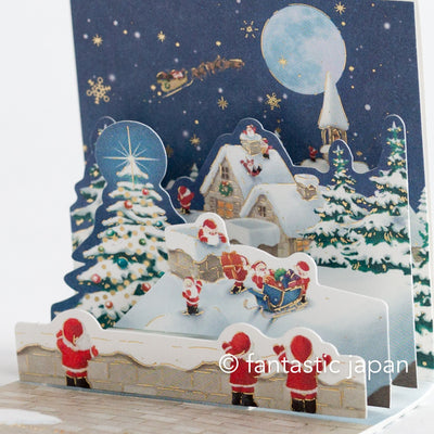 Christmas tiny pop up card -mini mini Santa Clauses in the snowing forest-