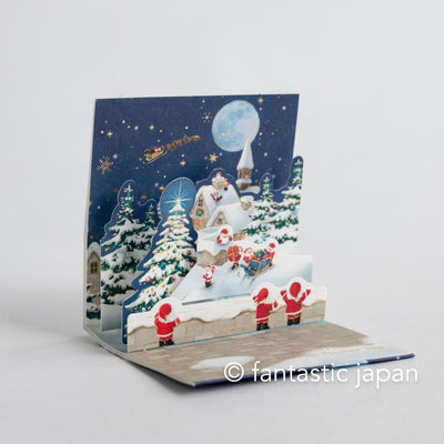 Christmas tiny pop up card -mini mini Santa Clauses in the snowing forest-