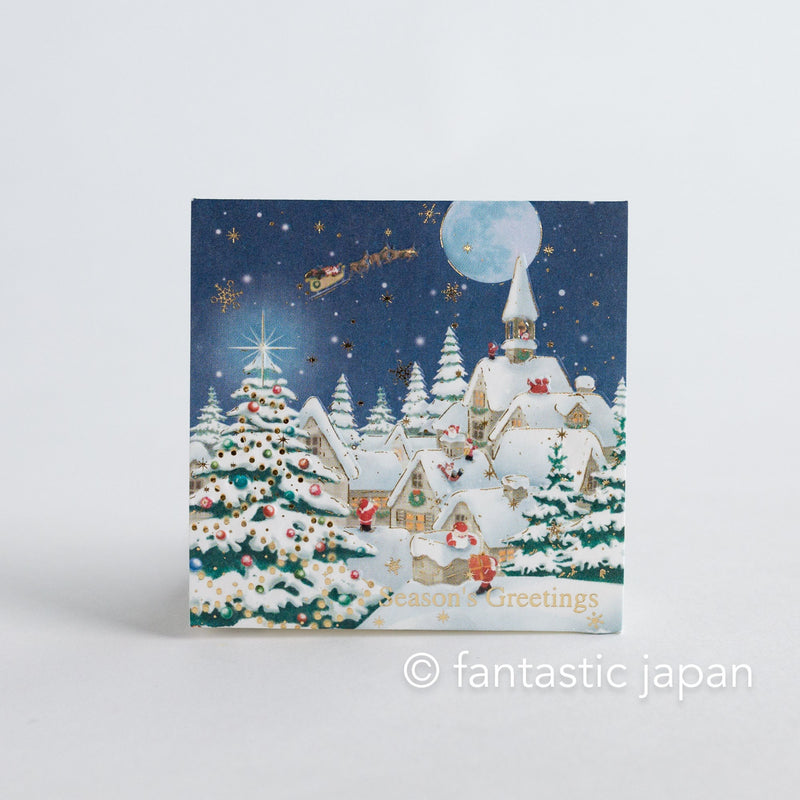 Christmas tiny pop up card -mini mini Santa Clauses in the snowing forest-