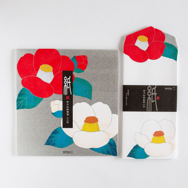 Japanese Iyo washi letter pad and envelops -red and white camellia-