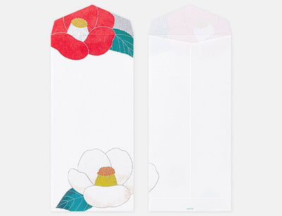 Japanese Iyo washi letter pad and envelops -red and white camellia-