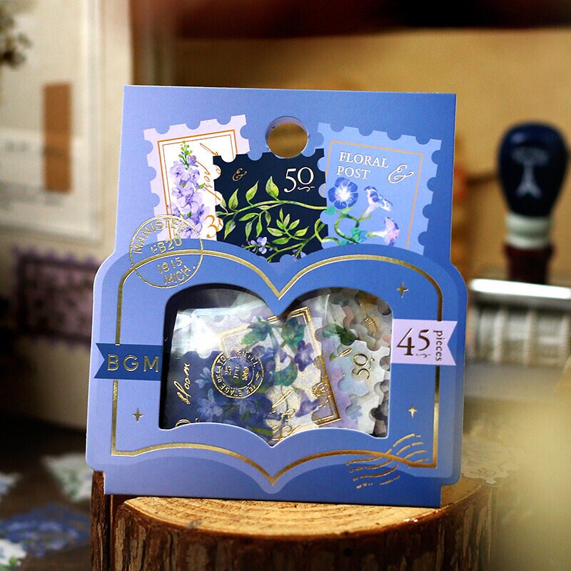 Washi flake stickers -postage stamp "botanical blue"-