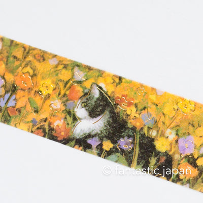 Gold foil Masking Tape / cat and flower -Tuxedo-