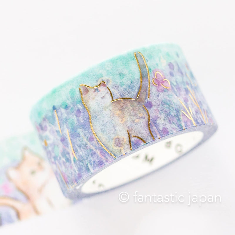 Gold foil Masking Tape / cat and flower -little friends-