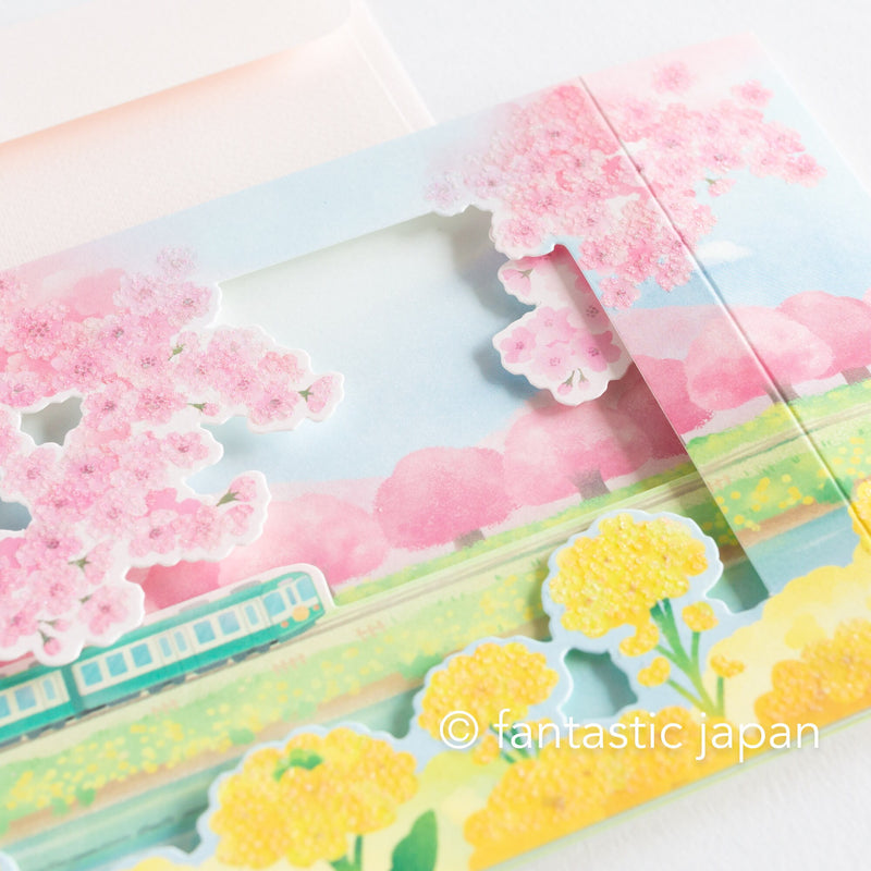 Greeting card  -Trains traveling in the spring-