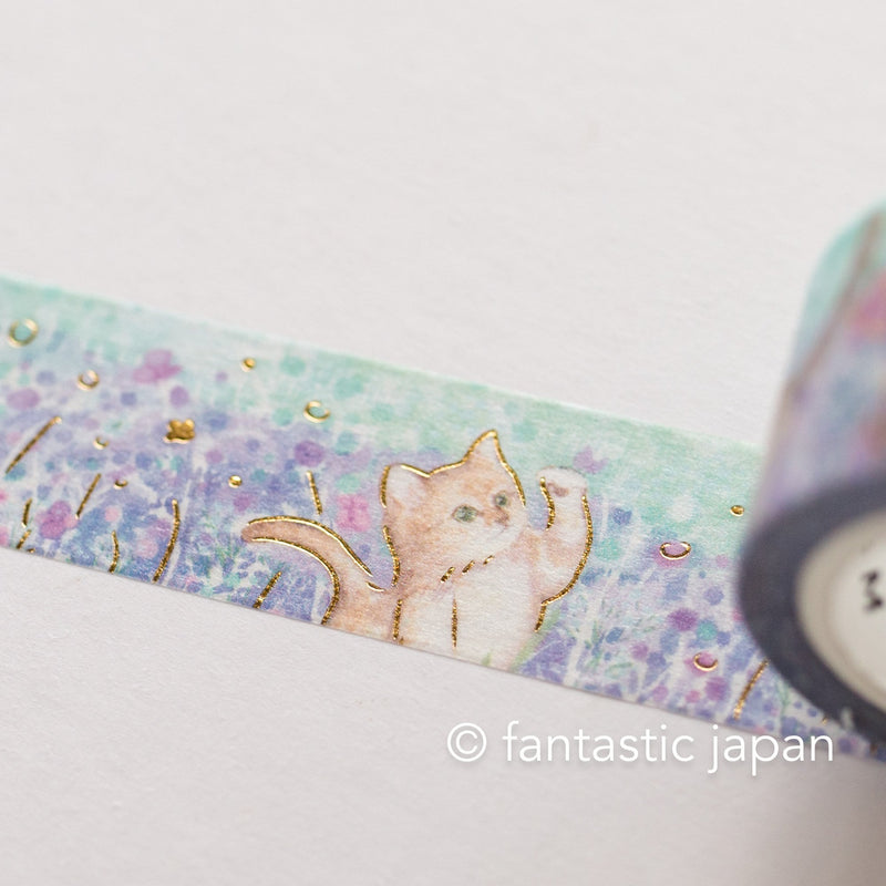 Gold foil Masking Tape / cat and flower -little friends-