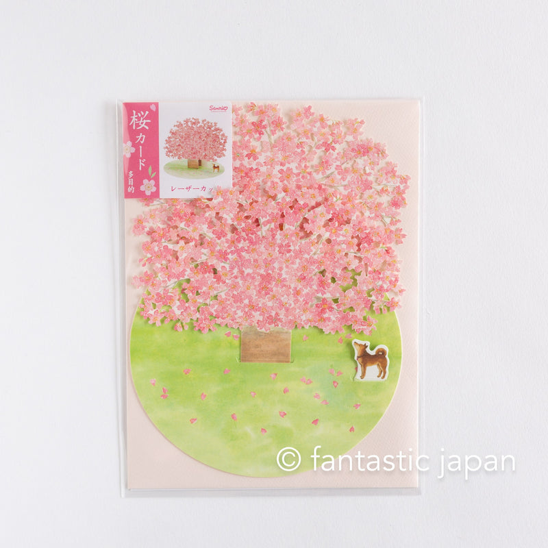 Greeting card -Shiba dog looking up at cherry blossoms-