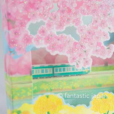 Greeting card  -Trains traveling in the spring-