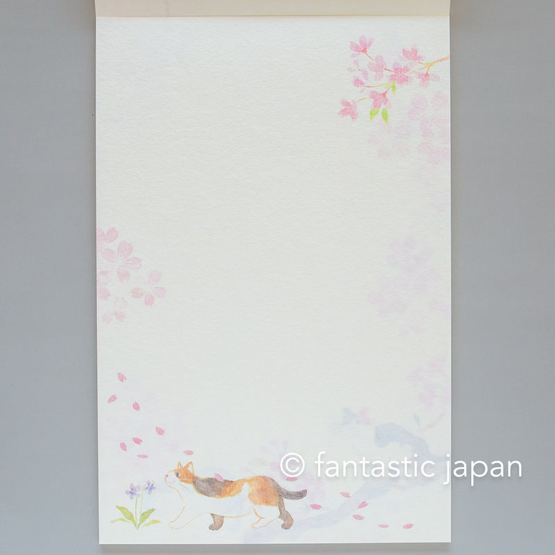Japanese Washi Writing Letter Pad and Envelopes -cats in Spring flowers-