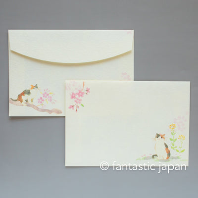 Japanese Washi Writing Letter Pad and Envelopes -cats in Spring flowers-